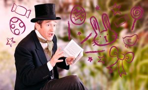 Image of Storyteller Chris Connaughton with Easter Illustrations on the image