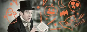 Storyteller Chris Connaughton reading with Halloween illustrations over the image