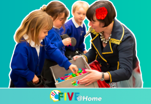 FIVE at home logo, Kitty Winter with school children